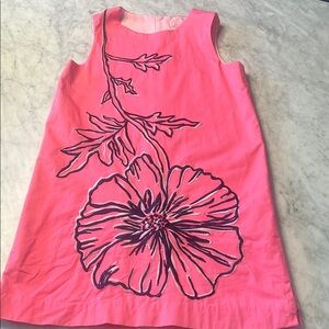 Lilly Pulitzer pink dress with navy floral embroidered design